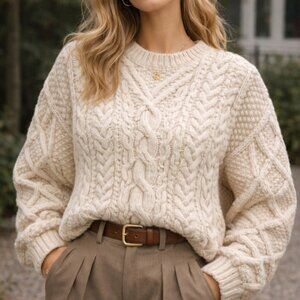 Vintage Eddie Bauer Aran Knit Fisherman Sweater | 100% Cotton | Cable Knit